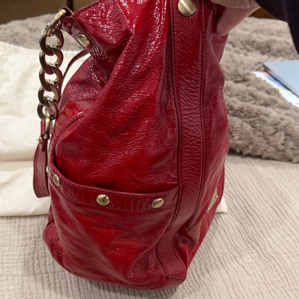 Michael Kors Red Patent Leather Shoulder Bag with Gold Accents - Picture 3 of 9